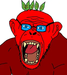 monkeyjak, animaljaks, 1soyjak, animal, bald, blue glasses, ear, front view, gaping mouth, glasses