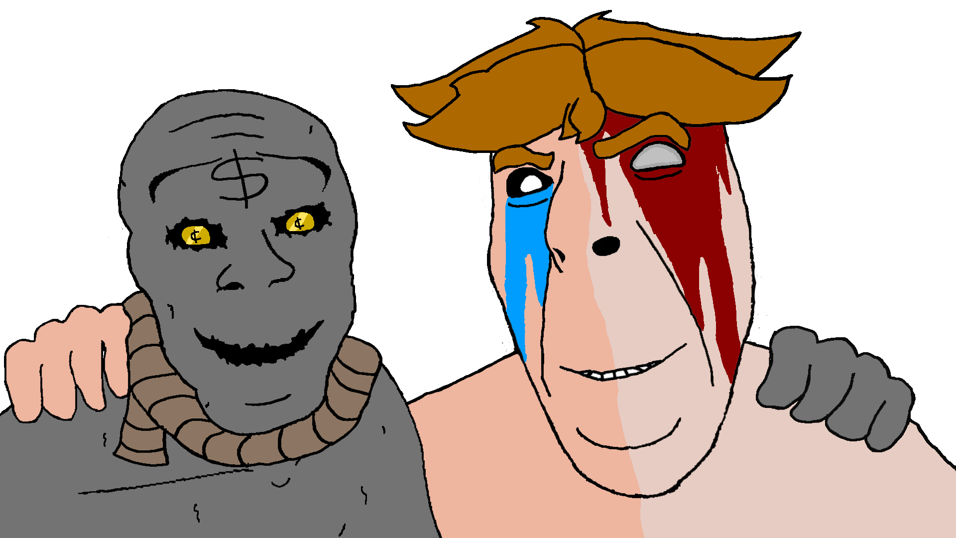 tainted keeper, tainted lazarus, cobson, feraljak, wholesome feraljak, 2soyjaks, closed mouth, coin eyes, coins, crying