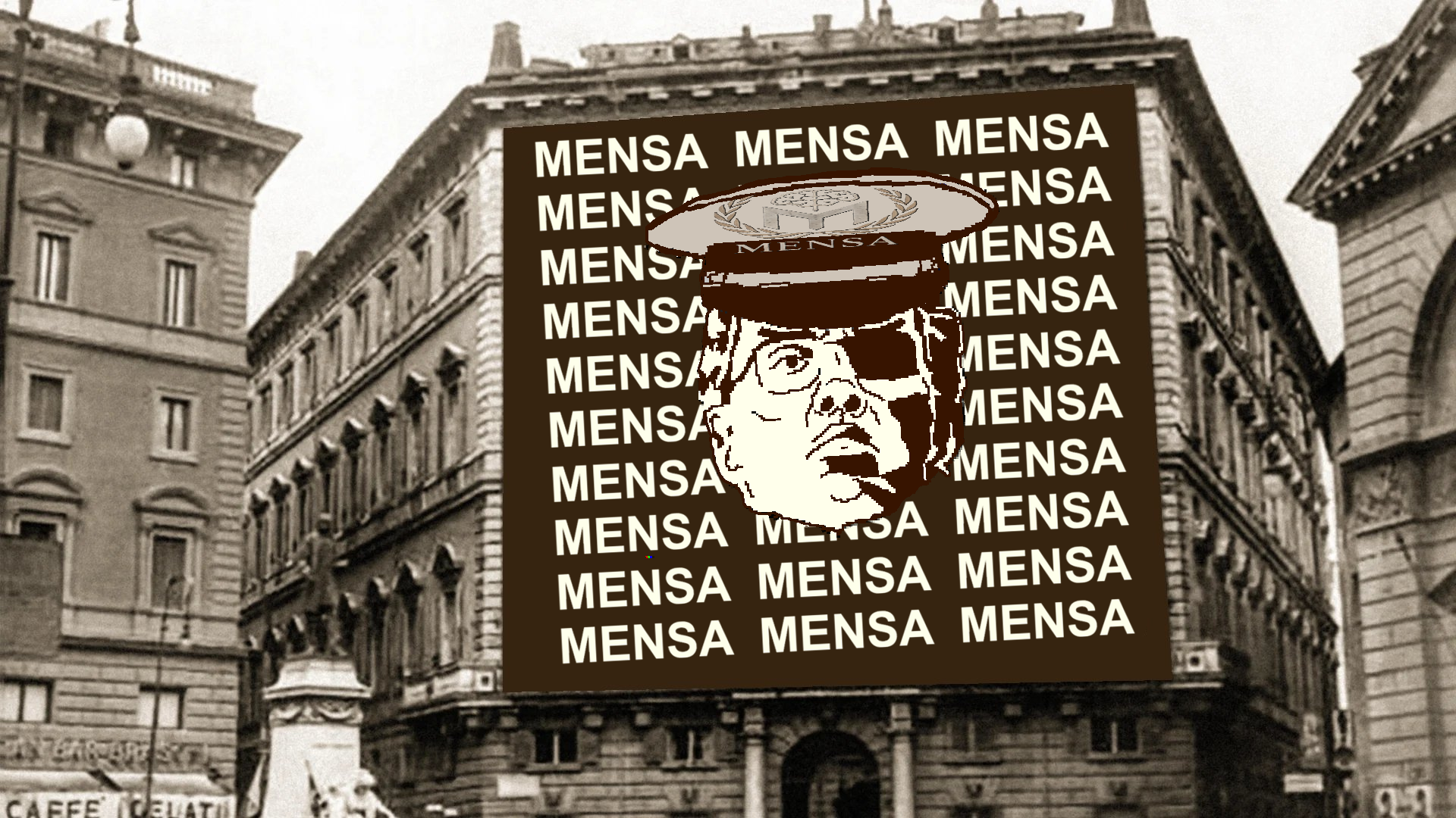 chudjak, 1soyjak, arno breker, benito mussolini, black eyes, black hair, brown background, closed mouth, front view, glasses