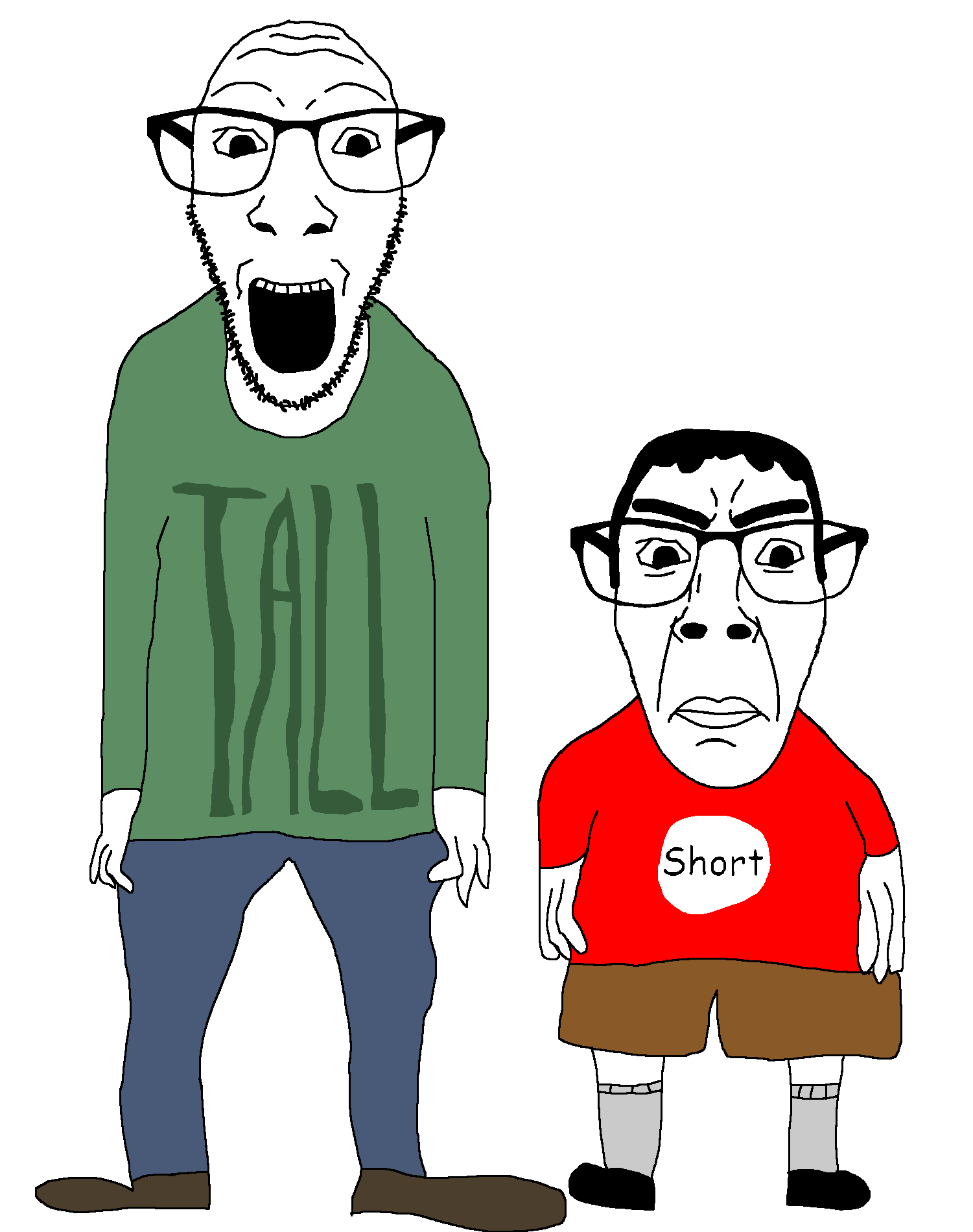 chudjak, dylanjak, dylanchud, 2soyjaks, bald, black hair, blue pants, closed mouth, clothes, english text