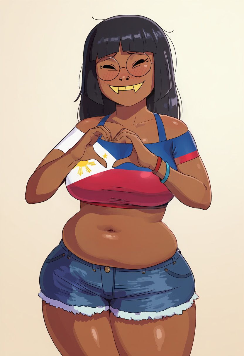 soykio kid, soykio girl, soykio girl front, femjak, arm, belly, belly button, black hair, blush, bracelet