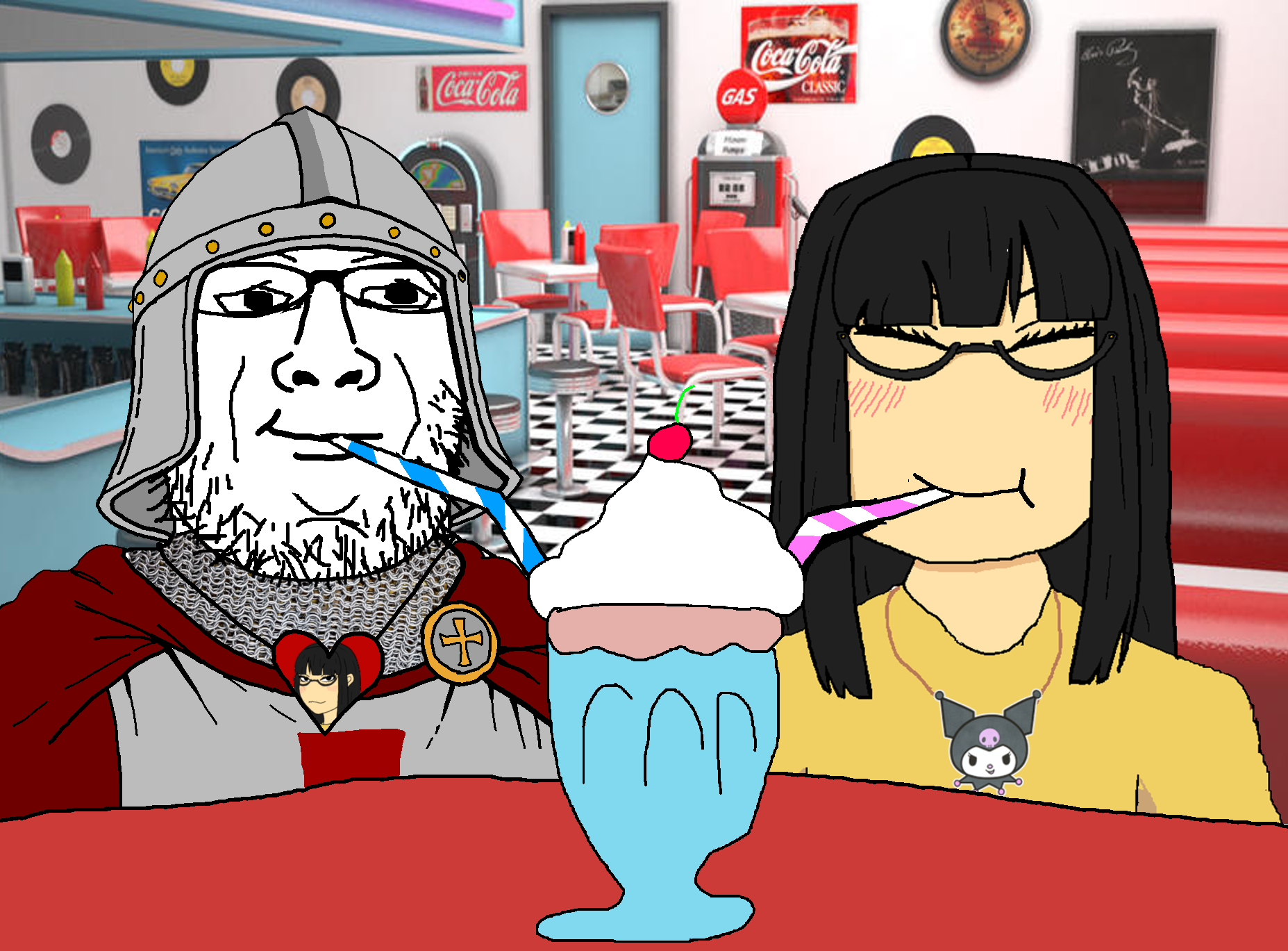 kuromi (sanrio), soychang, soytan, marney, 2soyjaks, black hair, cape, clothes, cup, diner