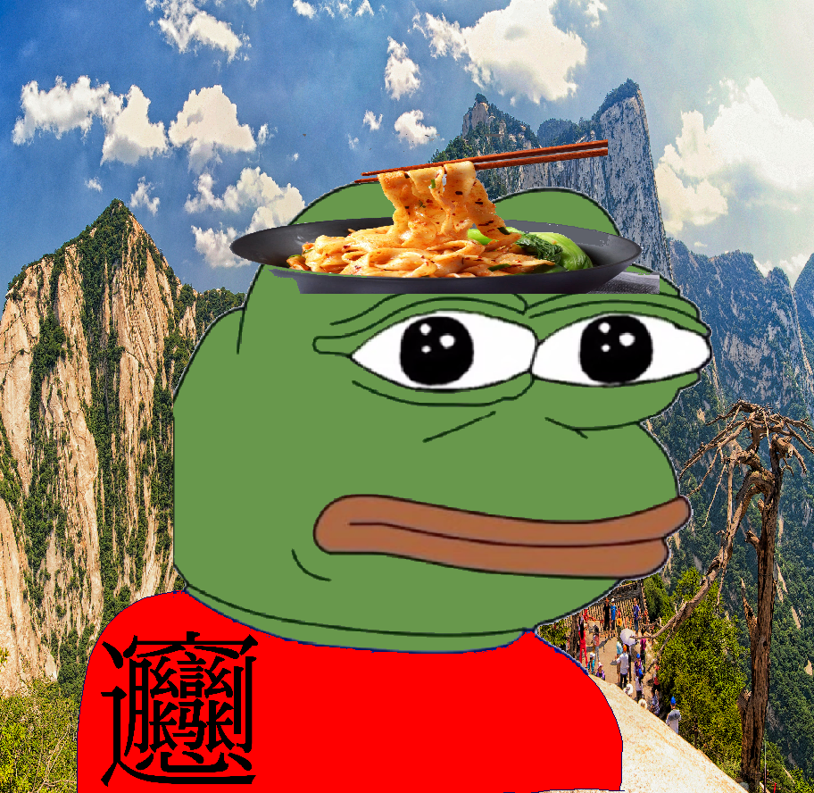 pepe, biang biang, black eyes, china, chinese text, closed mouth, green skin, irl background, looking at you, mountain
