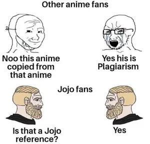 wojak, yes chad, soyak, anime, beard, uncolored skin, white background, white skin, jojo's bizarre adventure