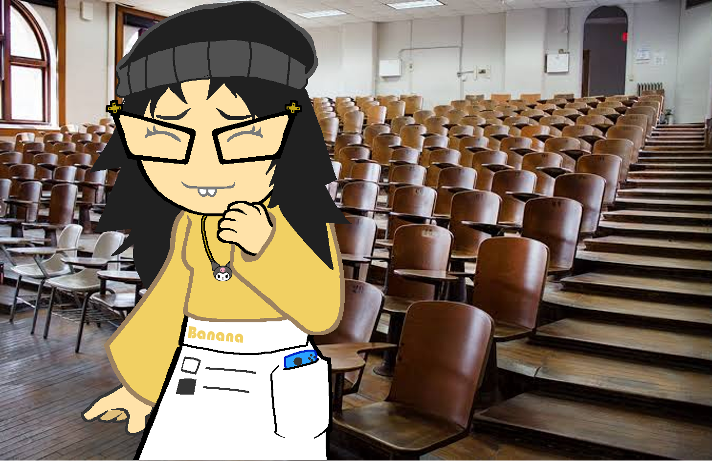 soychang, soytan, clothes, female, glasses, hair, hands, irl background, lecture, lecture hall