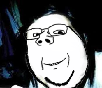 gapejak, wholesome soyjak, 1soyjak, beard, closed mouth, creepypasta, dark background, glasses, irl background, jeff the killer