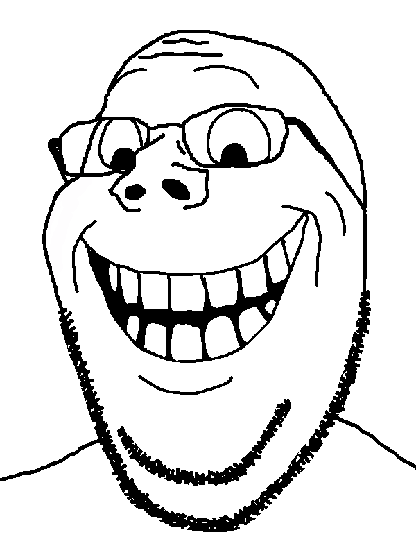 gapejak, grinning gapejak, wholesome soyjak, 1soyjak, bald, big grin, glasses, grin, looking down, monochrome
