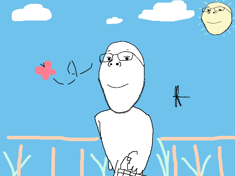 gapejak, lobotomised abomination, wholesome soyjak, 2soyjaks, bald, black eyes, black hair, blue background, butterfly, closed mouth