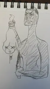 chudjak, angry, arm, chud, closed mouth, hair, hands, holding knife, holding object, holding severed head
