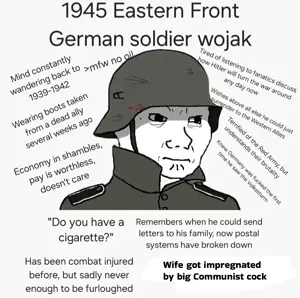 wojak, black eyes, clothes, communism won, front view, germany, hat, helmet, looking to the right, nazi germany