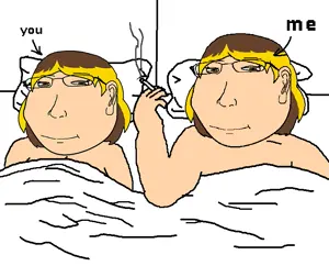225692 - soybooru.com - 2soyjaks bed blanket cigarette closed_mouth female_markiplier glasses holding_object lesbian looking_at_you markiplier_soyjak me_and_your_mom neutralplier pillow smoke smoking stubble text.png