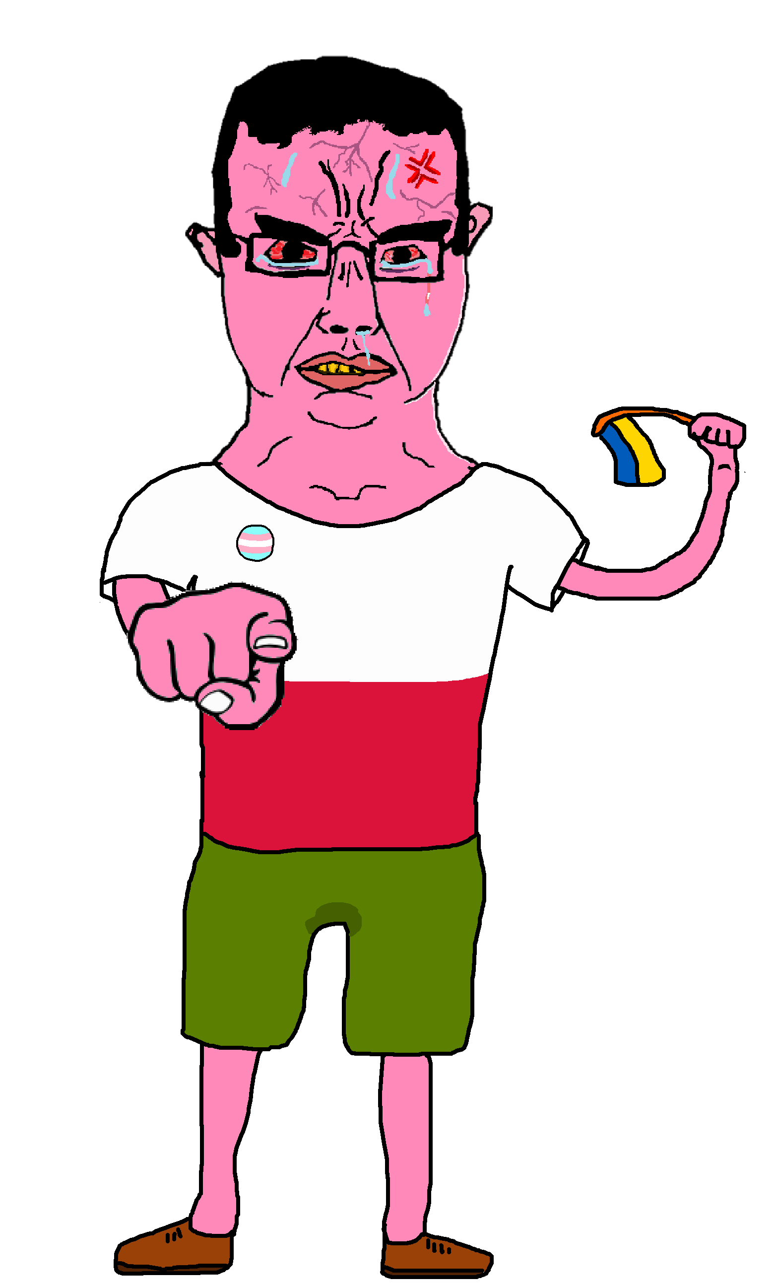 chudjak, chudjak front, anger mark, arm, badge, bloodshot eyes, clothes, crying, full body, glasses