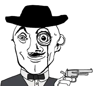 variant:danny_yn subvariant:mineral_inspecteur charcoal jacket cream suit white shirt black bowtie tie shaved cleft chin butt no beard mustache smiling happy eyebrows eyes hat cowboy gun revolver 15.png