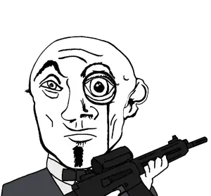 variant:danny_yn subvariant:mineral_inspecteur charcoal jacket cream suit white shirt black bowtie tie goatee no mustache frowning sad eyebrows eyes bald rifle gun holding m16 scope 12.png