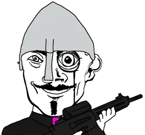 variant:danny_yn subvariant:mineral_inspecteur black shirt suit pink tie goatee handlebar mustache smiling happy eyebrows neutral eyes helmet armor medeival knight rifle gun holding m16 scope 8.png