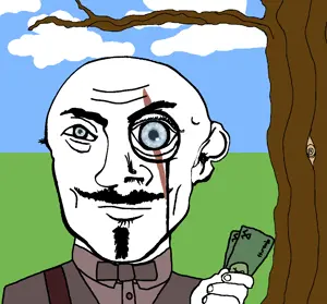 grass tree clouds uncolored_skin tan_suit brown_jacket brown_bowtie bowtie jacket tie suit goatee handlebar_mustache mustache apathetic kratos aryan blue_eyes a10_eyes bald money dollar_bill 15.png