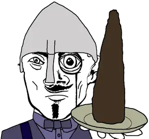 transparent_background uncolored_skin tan_suit brown_jacket brown_bowtie bowtie jacket tie suit goatee mustache frowning sad eyebrows neutral black_eyes helmet armor medeival knight variant:platejak poop plate food 1.png
