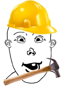 vlodson, bald, construction hat, construction worker, ear, eyebrows, front view, half open mouth, hammer, happy