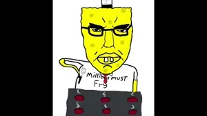 spongebob squarepants, chudjak, chudjak front, animated, buck teeth, clothes, grill, hamburger, hat, holding object