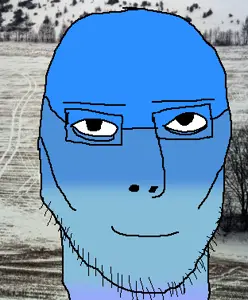 jasonjak, blue skin, calm, closed mouth, glasses, irl background, smile, soyjak, stubble