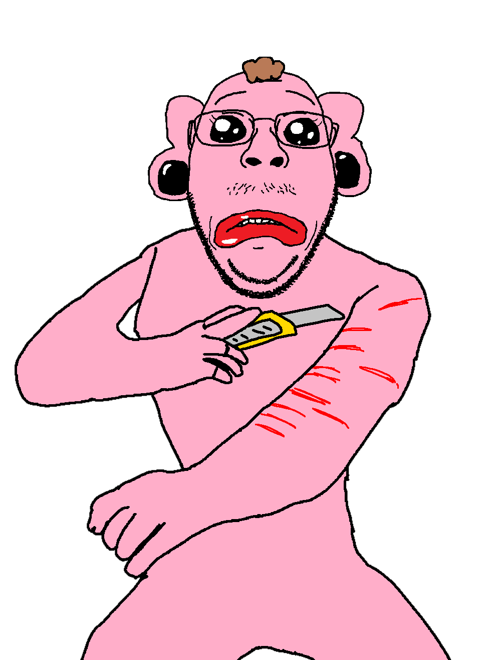bernd, gapejak, wholesome soyjak, 1soyjak, arm, beard, big lips, boxcutter, brown hair, cutting