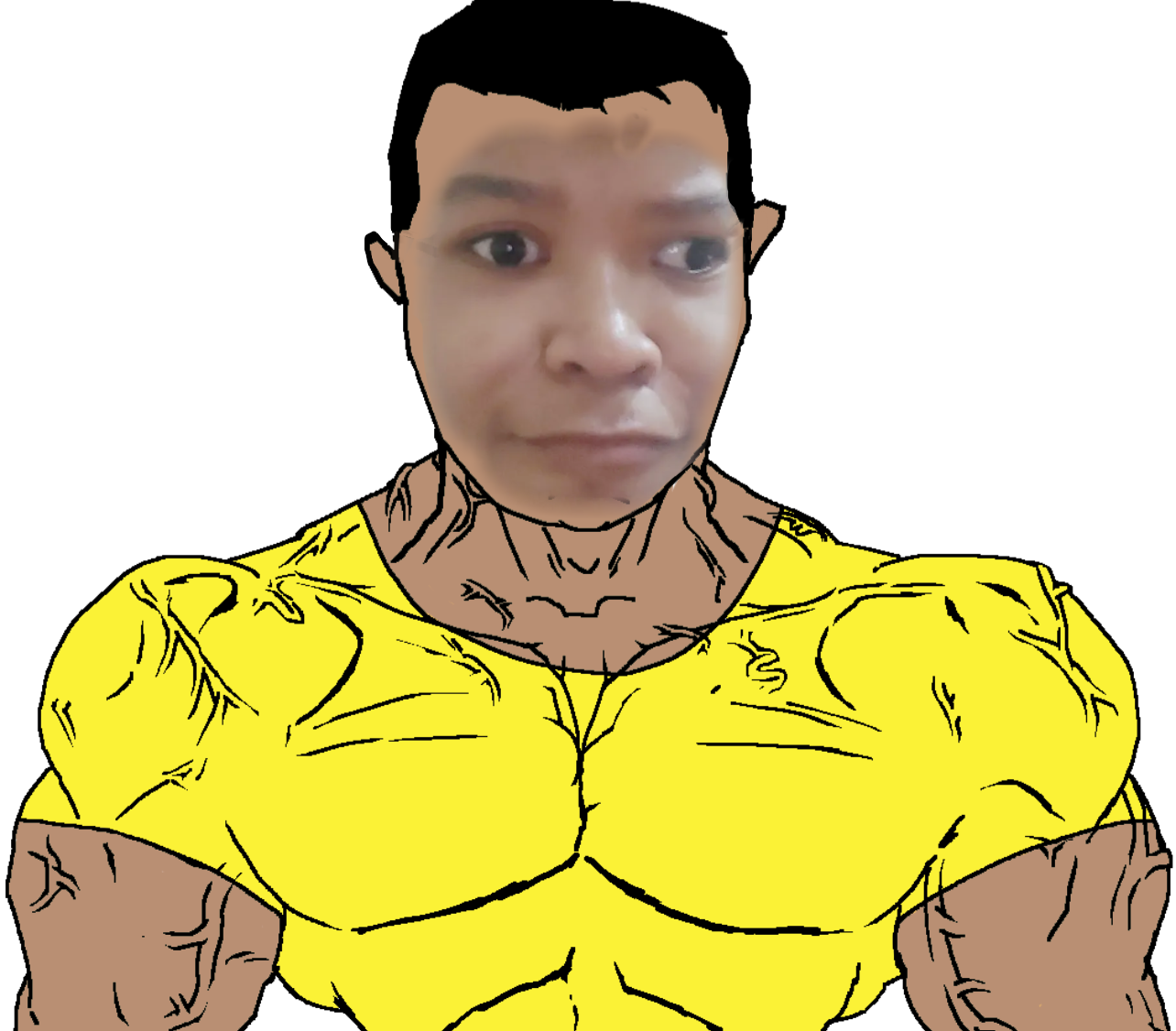 chudjak, chudjak front, muscular chud, arm, black hair, buff, closed mouth, ear, front view, fusion