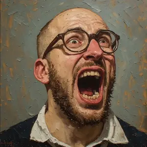 unknown, bald, brown background, glasses, open mouth, stubble, white skin