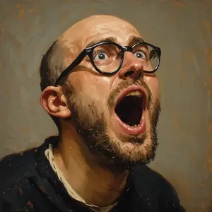 unknown, bald, brown background, glasses, open mouth, stubble, white skin