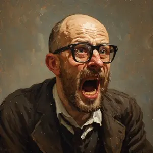 unknown, bald, brown background, glasses, open mouth, stubble, white skin