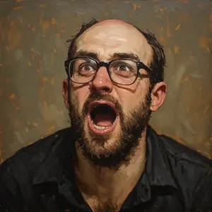 unknown, bald, brown background, glasses, open mouth, stubble, white skin