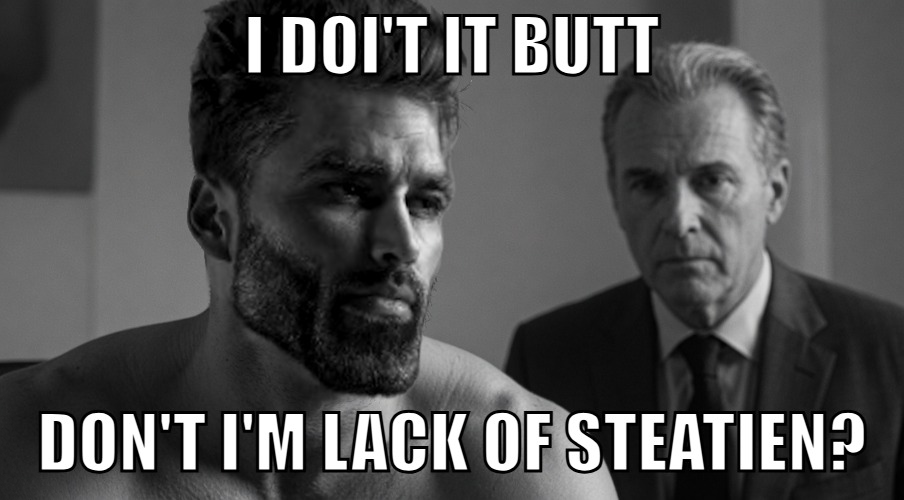 gigachad, beard, buff, butt, clothes, giggerbabble, gray skin, grayscale, hair, impact (font)