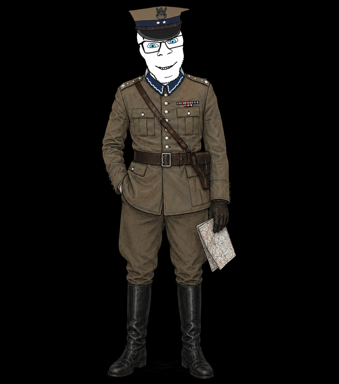feraljak, belt, black background, blue eyes, boot, boots, cap, closed mouth, clothes, full body