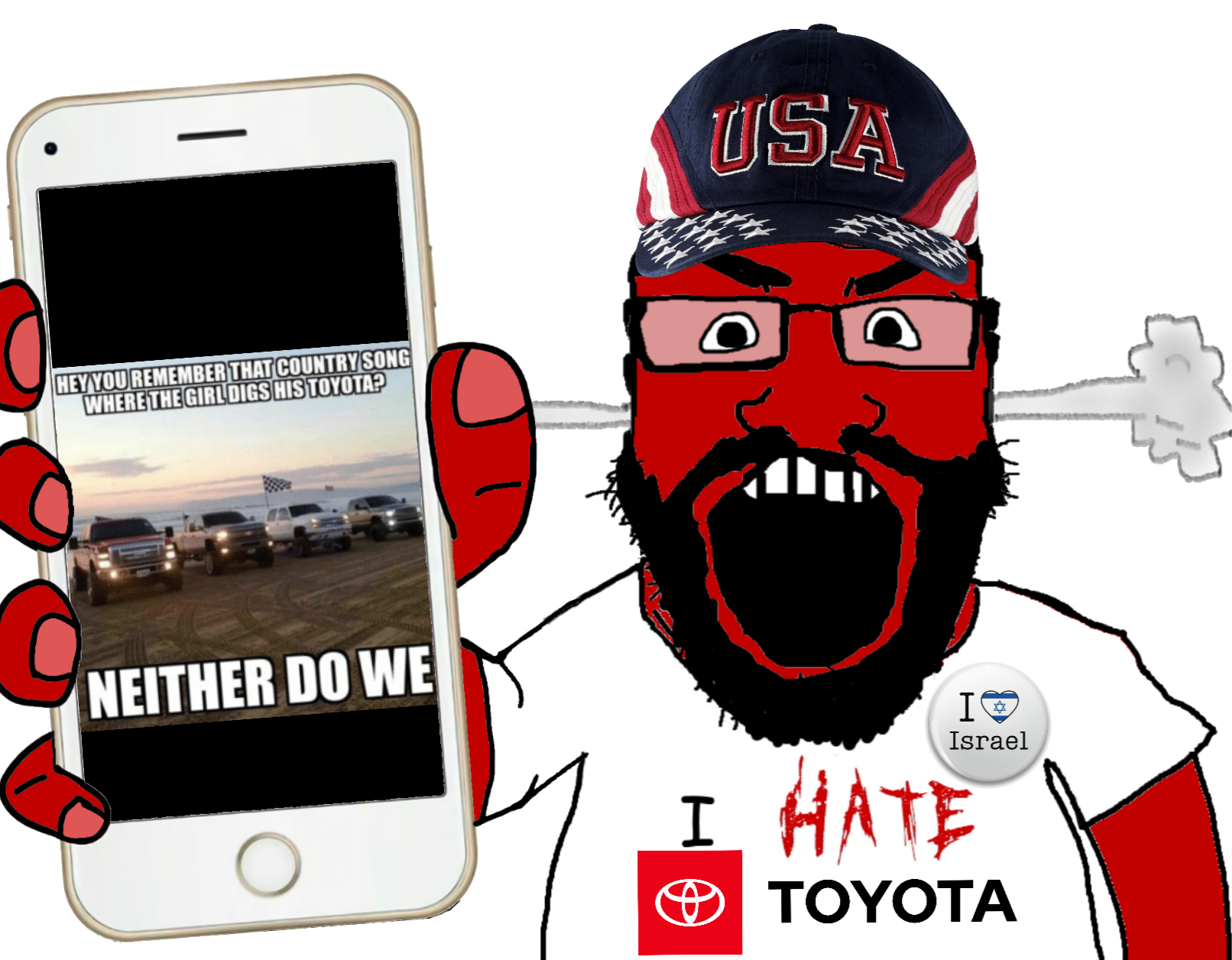 markiplier soyjak, science lover, /o/, angry, baseball cap, beard, button, cap, car, chevrolet