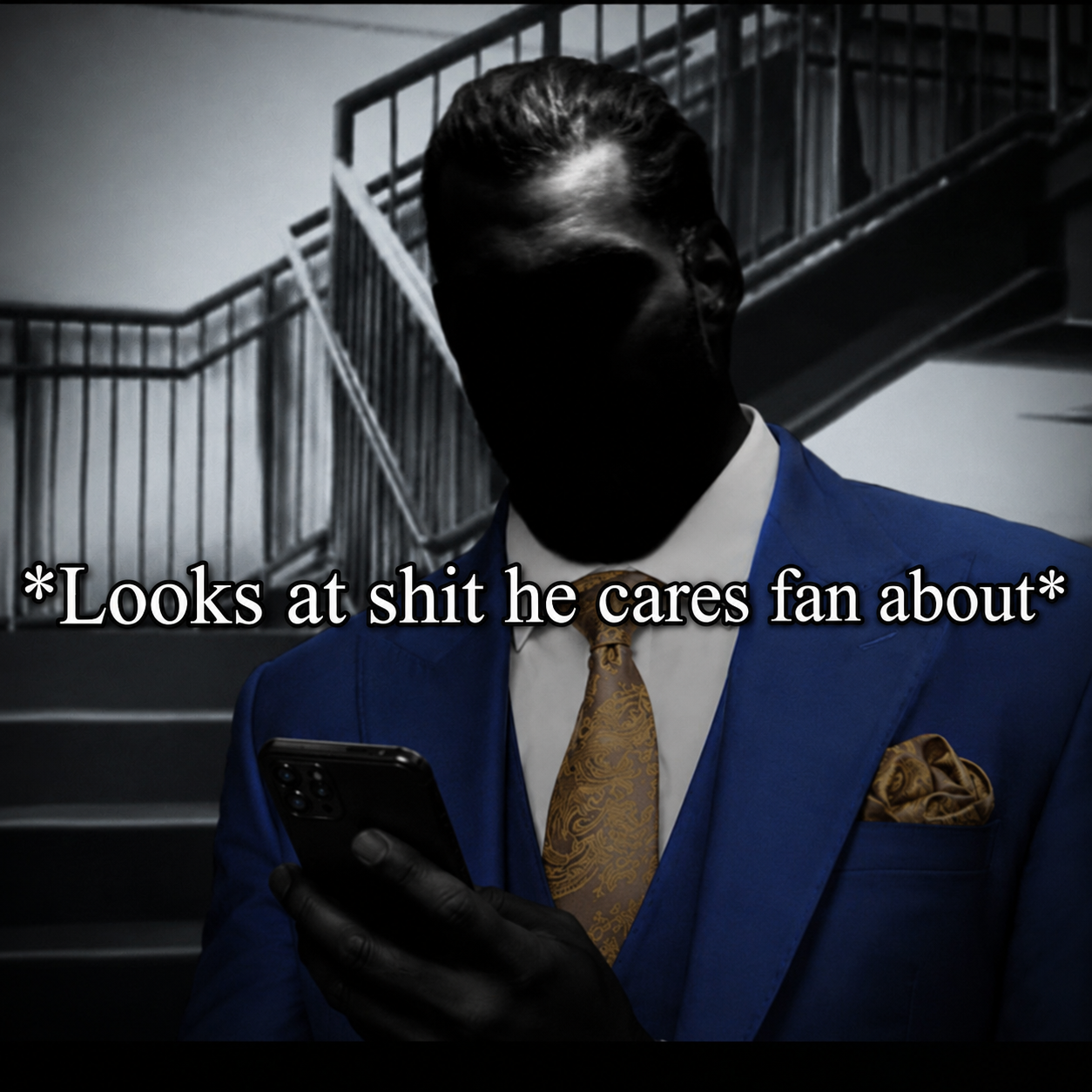 gigachad, nophono, beard, black and white, black hair, blue suit, buff, clothes, dark, faceless