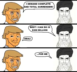 donald trump, wojak, chudjak, pol face, ayatollah, beard, blonde hair, crying, hair, iran