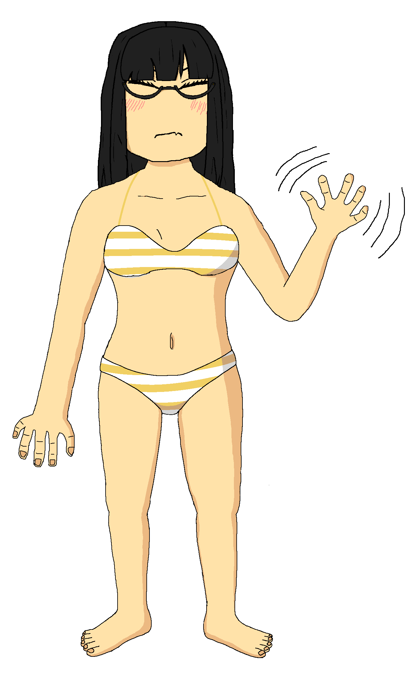 soychang, soytan, belly, belly button, bikini, black hair, closed mouth, feet, full body, glasses
