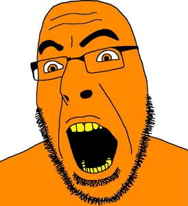 cobson, food, fruit, glasses, open mouth, orange (fruit), orange skin, soyjak, stubble, yellow teeth
