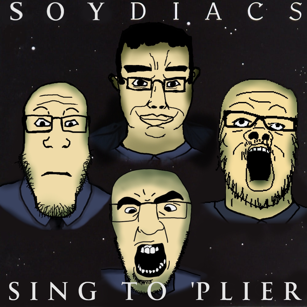 a24 slowburn soyjak, chudjak, godjak, markiplier soyjak, chudjak front, neutralplier, 4soyjaks, album cover, bald, black background