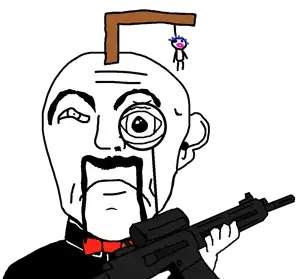 transparent_background uncolored_skin tie suit red_bowtie bowtie no_beard shaved fu_manchu chinese mustache frowning sad eyebrows black_eyes hanging tranny troon rifle gun holding_gun m16 scope 19.png