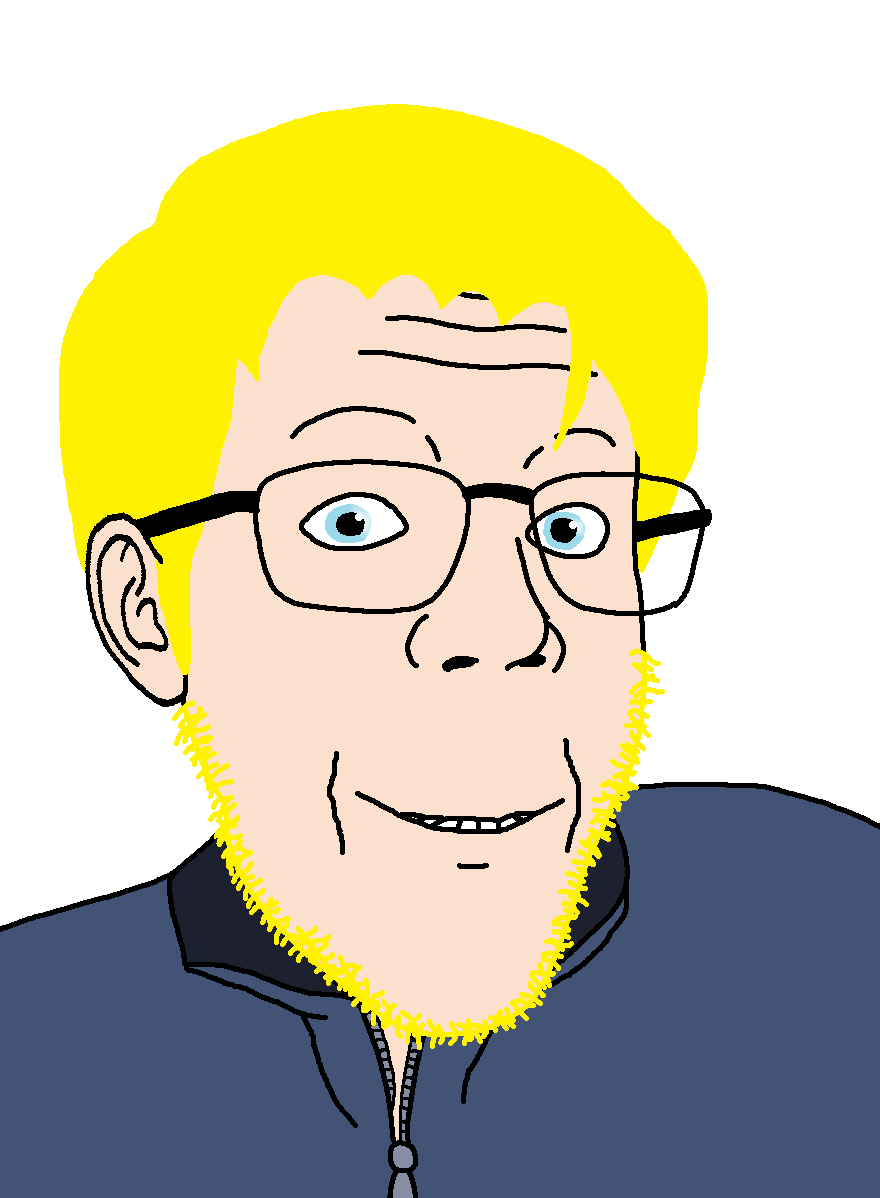 redboomer, a10 eyes, beard, blonde beard, blonde hair, blue eyes, blue shirt, closed mouth, ear, excited