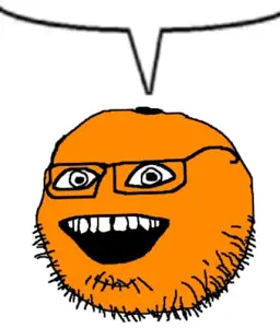 oranjak, beard, food, fruit, glasses, no nose, orange (fruit), smile, soyjak, speech bubble