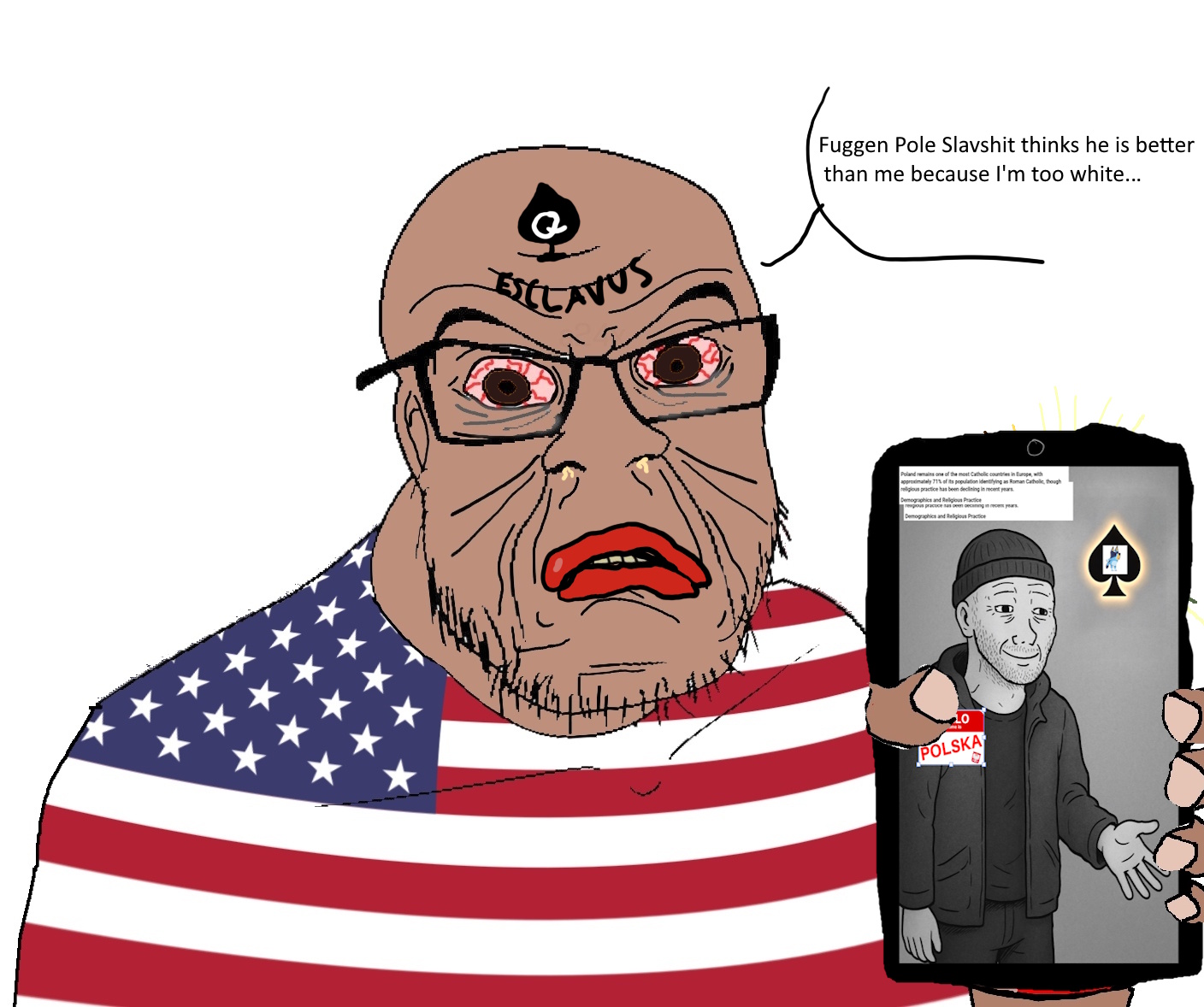 doomer wojak, wojak, feraljak, amerimutt, /pol/ (soyjak.party), angry, big lips, bloodshot eyes, brown eyes, brown skin