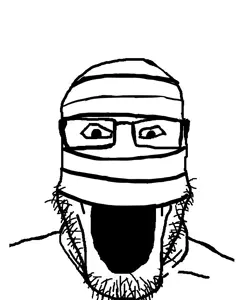 markiplier soyjak, 1soyjak, front view, glasses, looking at you, monochrome, mummy, open eyes, open mouth, portrait