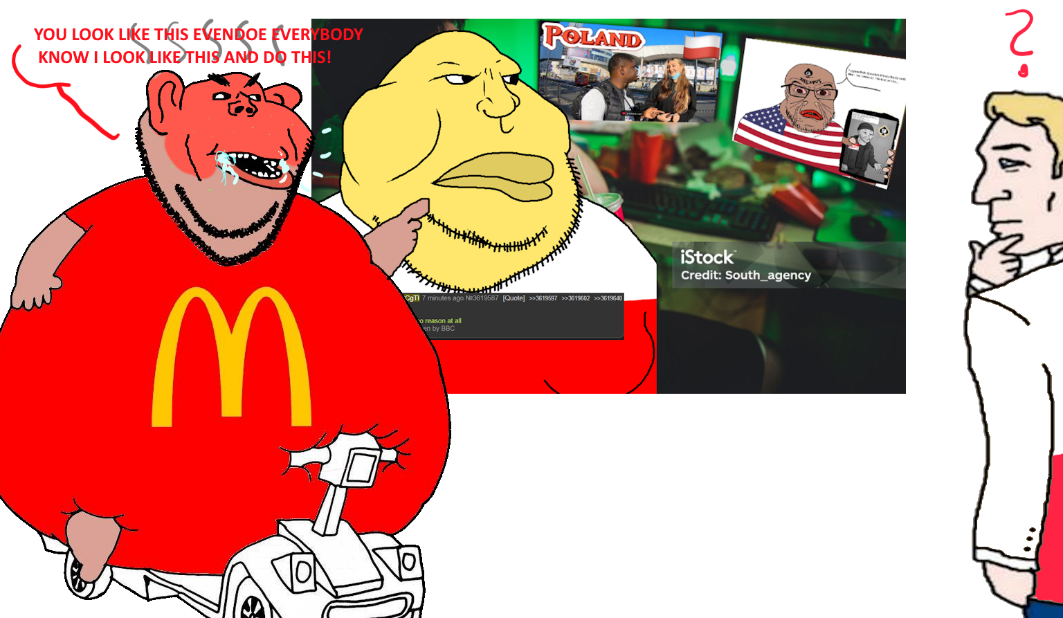impish soyak ears, meximutt, impish amerimutt, /pol/ (soyjak.party), angry, bald, black eyes, blonde hair, brown skin, closed mouth