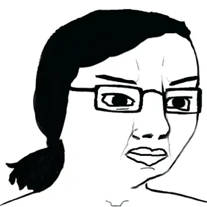 chudjak, female chudjak, 1soyjak, angry, antialiased, black eyes, black hair, closed mouth, glasses, hair