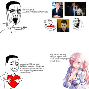 happy merchant, jeffrey epstein, negev (girls' frontline), chudjak, impish soyak ears, angry, arm, breasts, chud, crying
