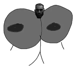 gigachad, big breasts, breasts, chiseled jawline, closed mouth, gray skin, grayscale, looking at you, nipples, open eyes