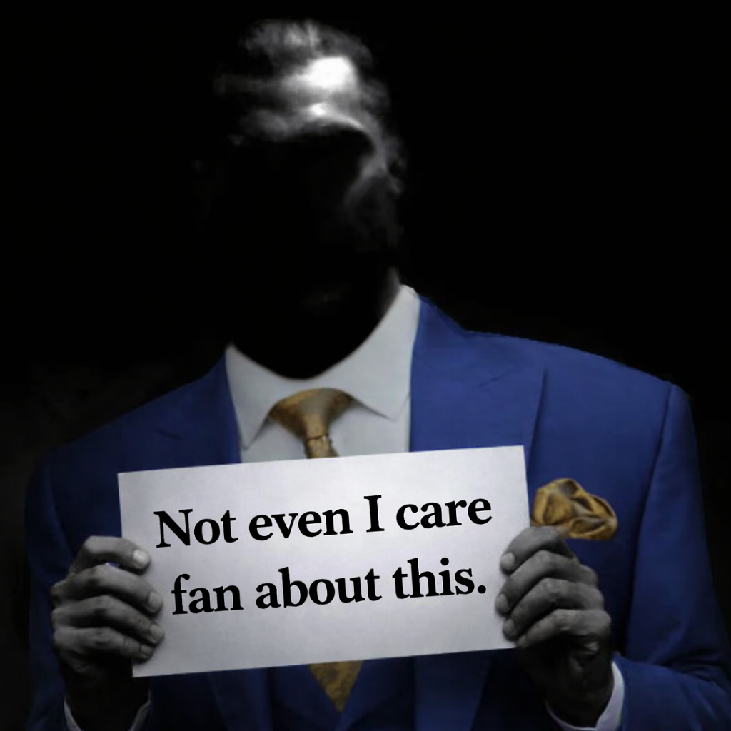 gigachad, nophono, blue jacket, clothes, faceless, gray skin, holding object, holding sign, necktie, ominous