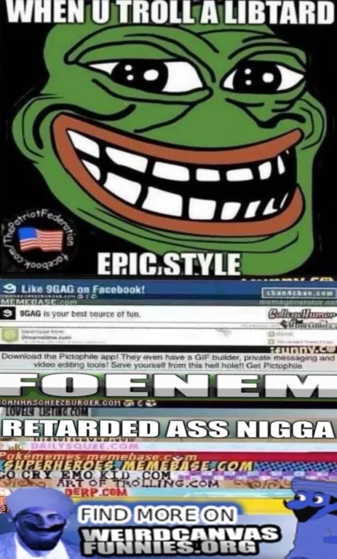 pepe, trollface, weegee, 9gag, amphibian, animal, black background, english text, foenem, frog