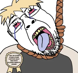 phil kaggots, bernd, hanging troonjak, troonjak, 1soyjak, ack, blonde hair, bloodshot eyes, front view, hair
